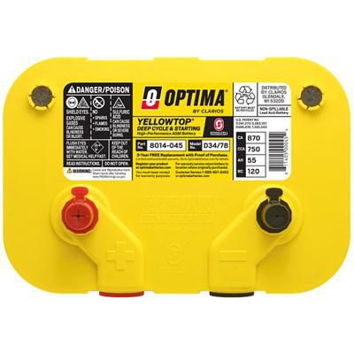 Optima YellowTop Dual Purpose AGM Battery 750 CCA, Group 34/78, High-Performance